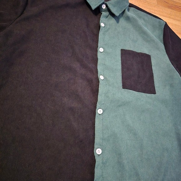 Men’s Romwe XL Button Down Shirt Short Sleeve Green/Black 90s Style - Picture 2 of 6
